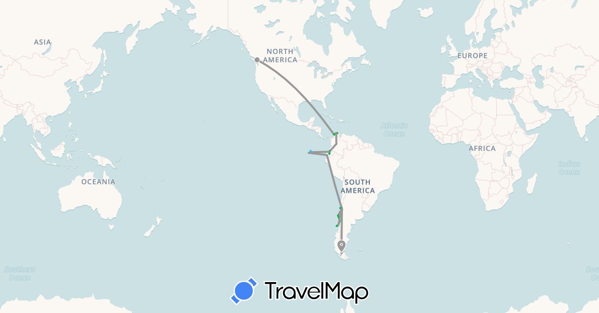 TravelMap itinerary: driving, bus, plane, boat in Canada, Chile, Colombia, Ecuador (North America, South America)